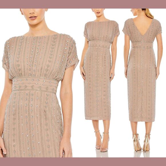 NWT $498 Mac Duggal [ 6 ] Beaded Cap Sleeve Column Midi Dress Dark Mocha  #G1805